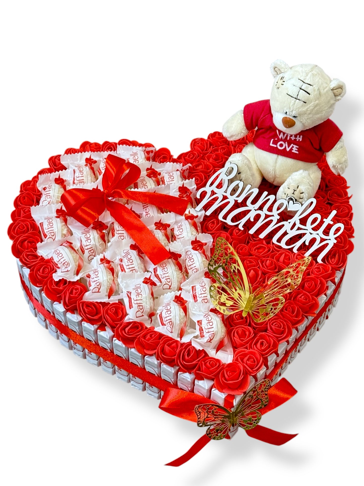Coffret cœur Raffaello avec ourson, roses et papillon – Cadeau romantique personnalisé
