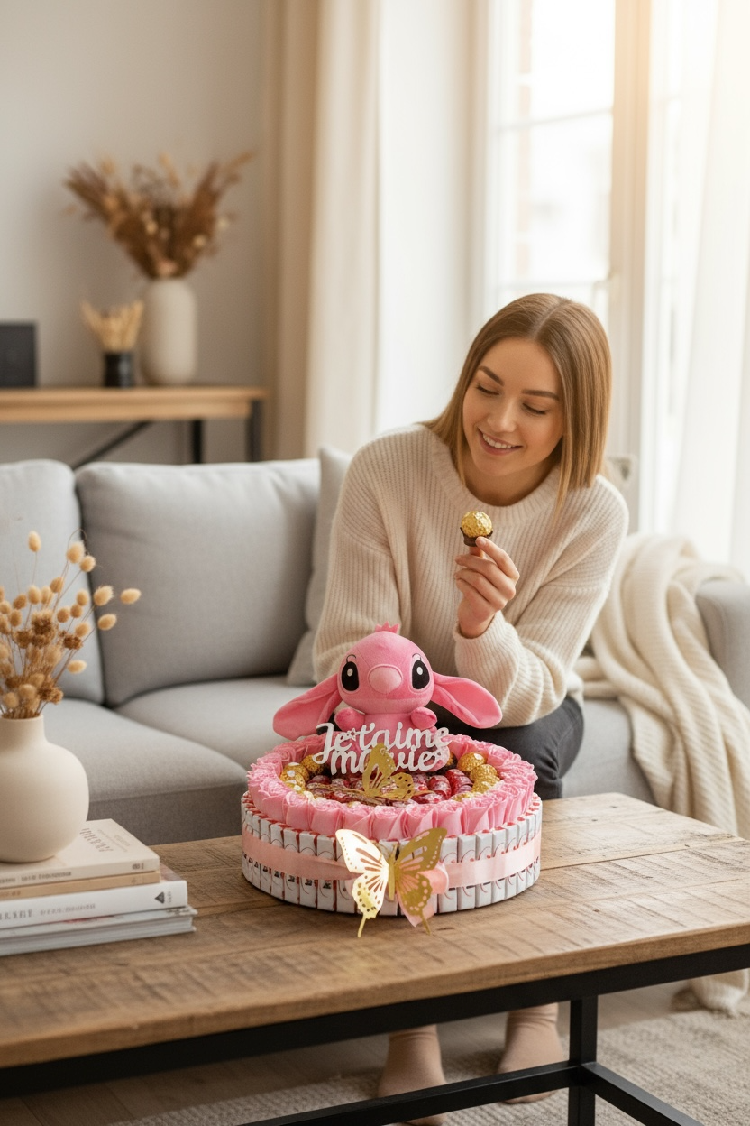 Coffret romantique avec peluche Angel (Stitch rose), fleurs de savon & chocolats