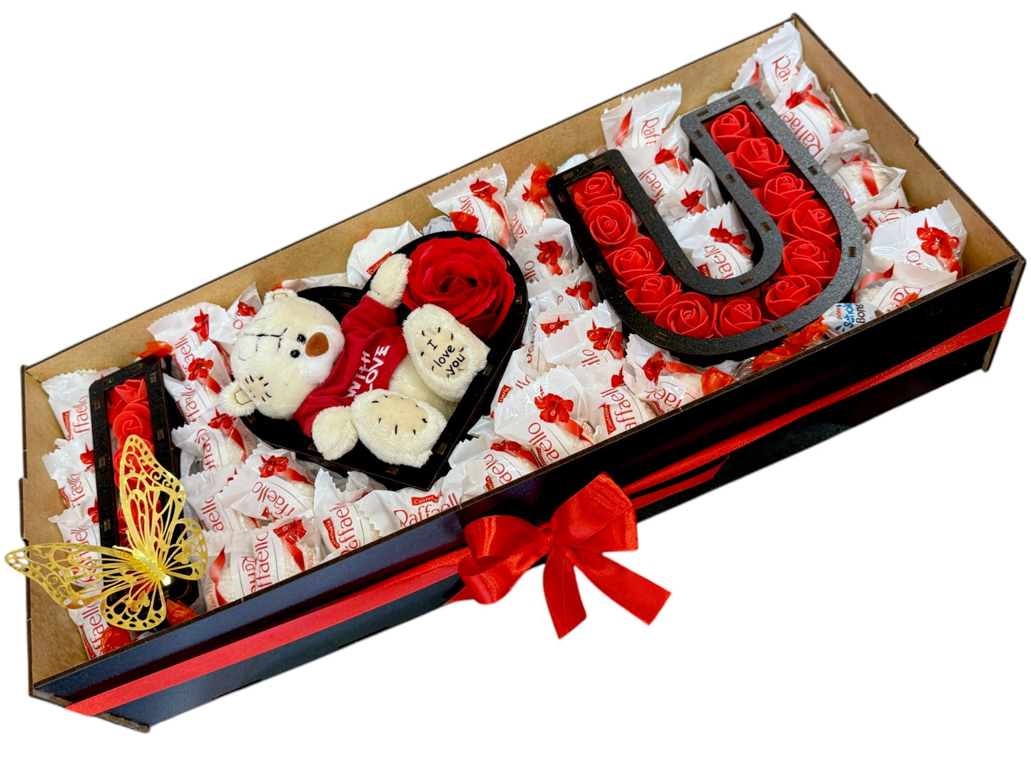 Coffret Cadeau en Bois « LOVE » – Fait Main – Ours en Peluche, Roses Éternelles, Chocolats Raffaello