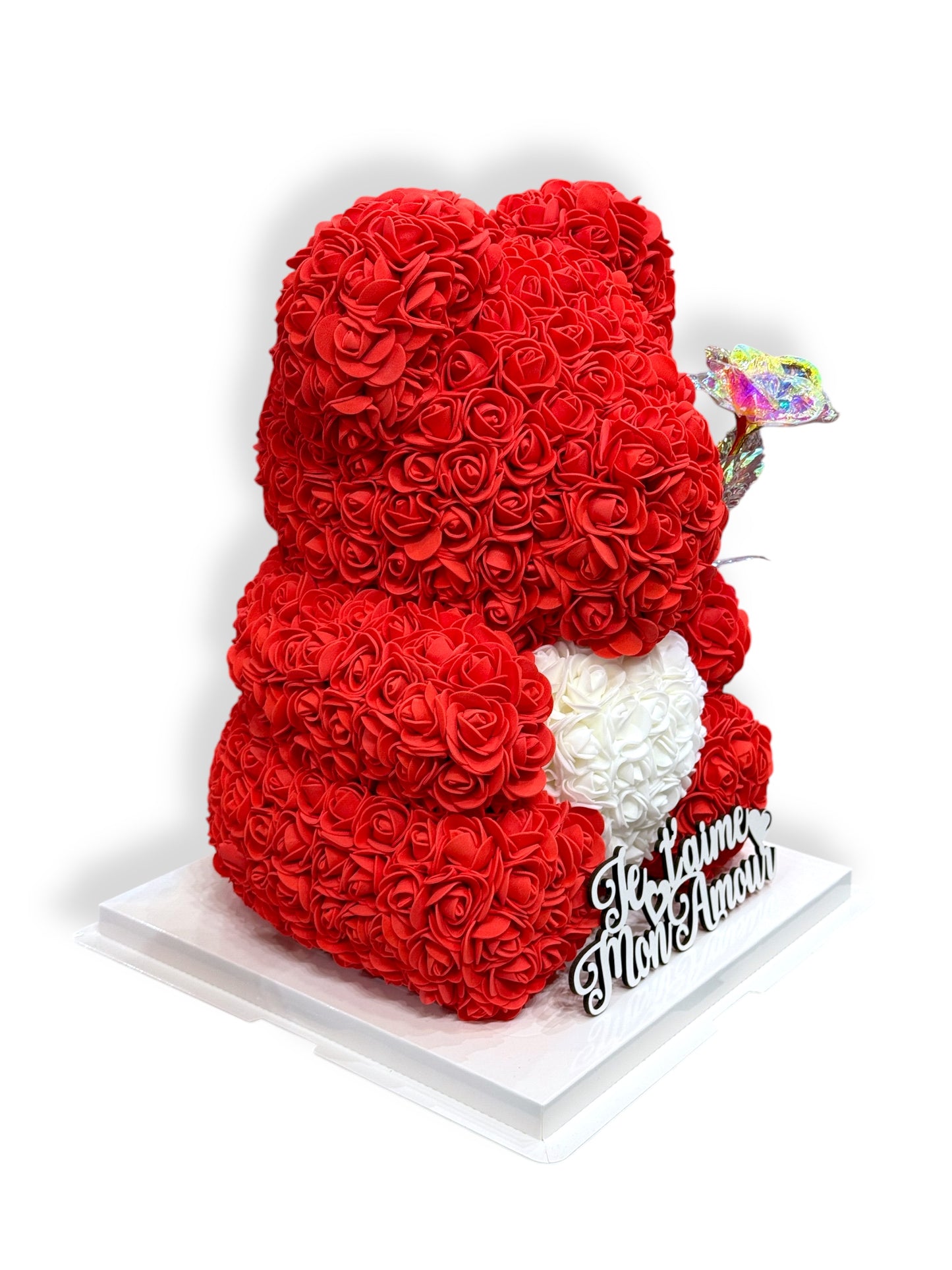 Ours en Roses avec Inscription «Je t’aime mon amour» + Rose Dorée à l’Or 24K – Cadeau Romantique Inoubliable