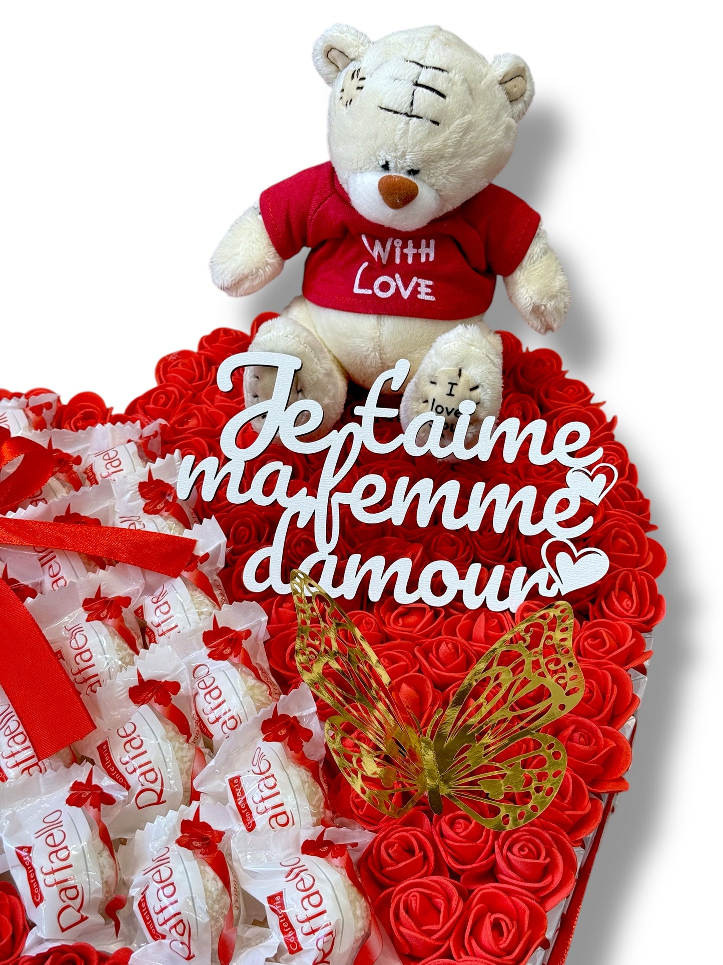 Coffret cœur Raffaello avec ourson, roses et papillon – Cadeau romantique personnalisé