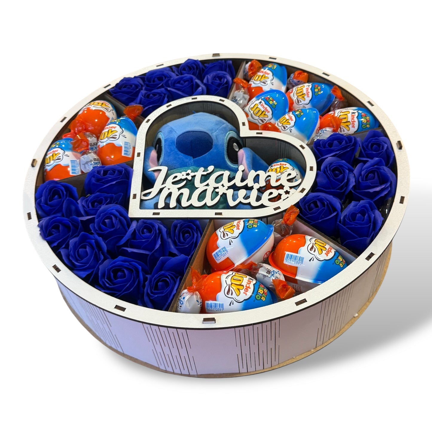 Coffret cadeau exclusif avec peluche Stitch, roses bleues et Kinder Joy