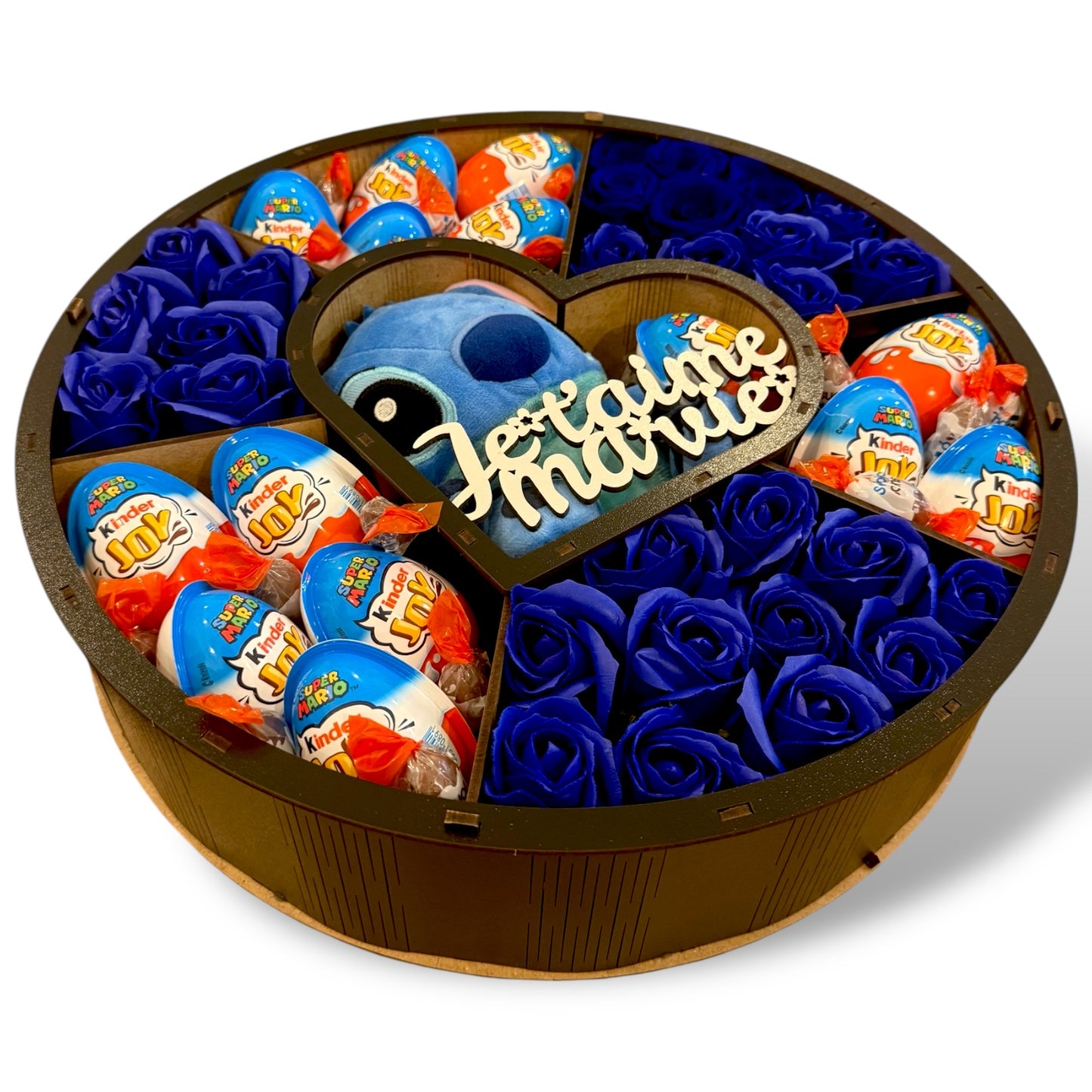 Coffret cadeau exclusif avec peluche Stitch, roses bleues et Kinder Joy