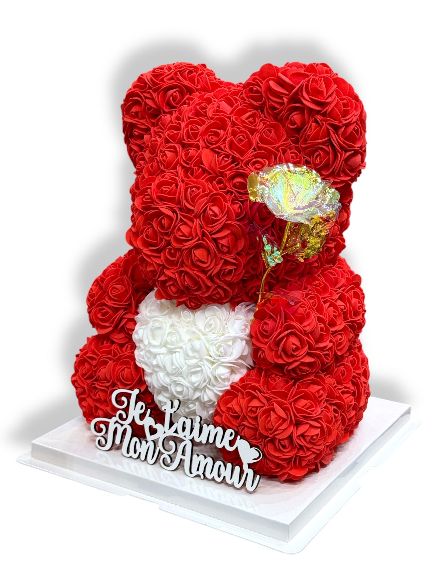 Ours en Roses avec Inscription «Je t’aime mon amour» + Rose Dorée à l’Or 24K – Cadeau Romantique Inoubliable