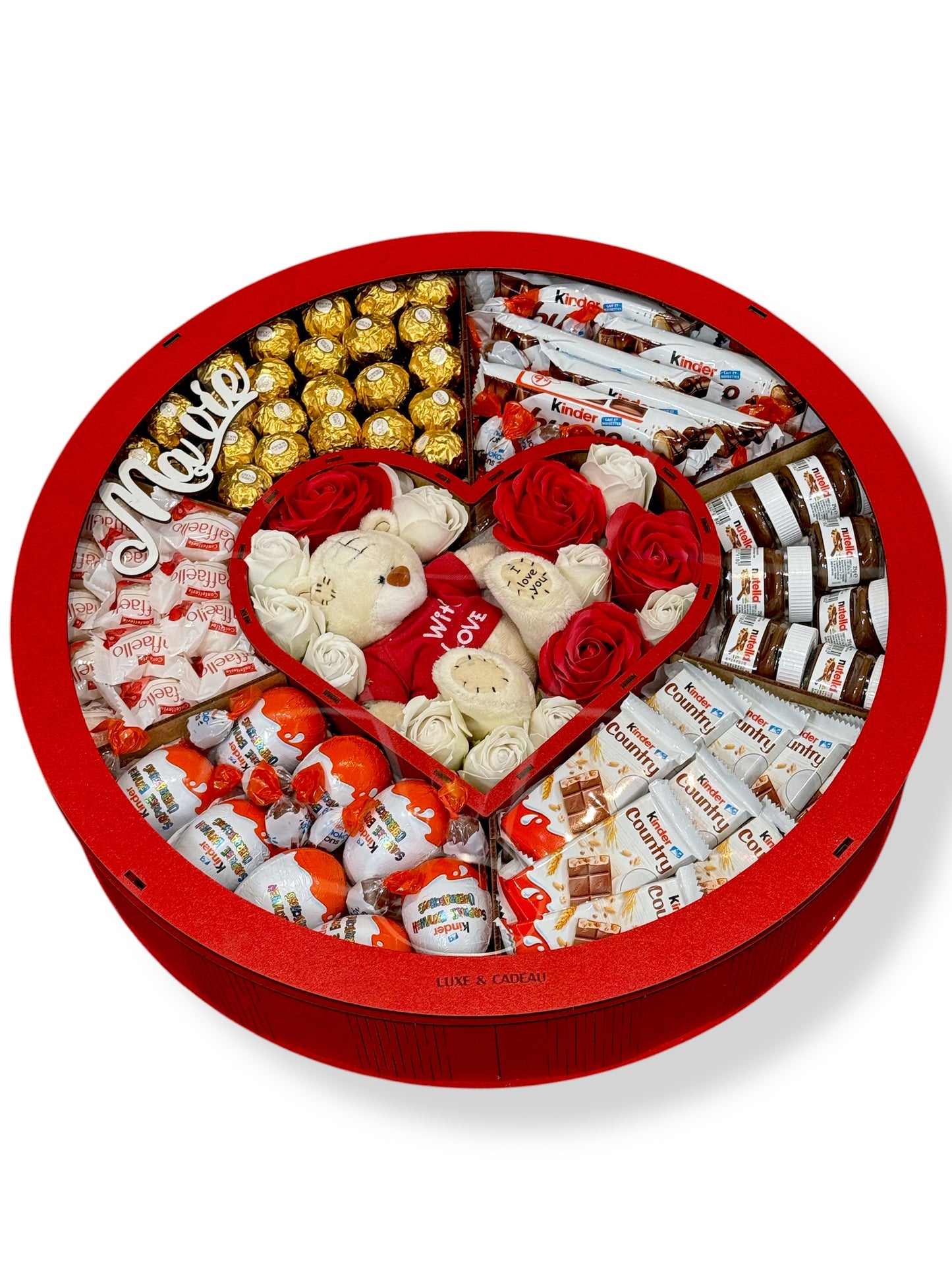 Coffret Cadeau Original en Bois Fait Main – Chocolats de Luxe & Peluche Cœur