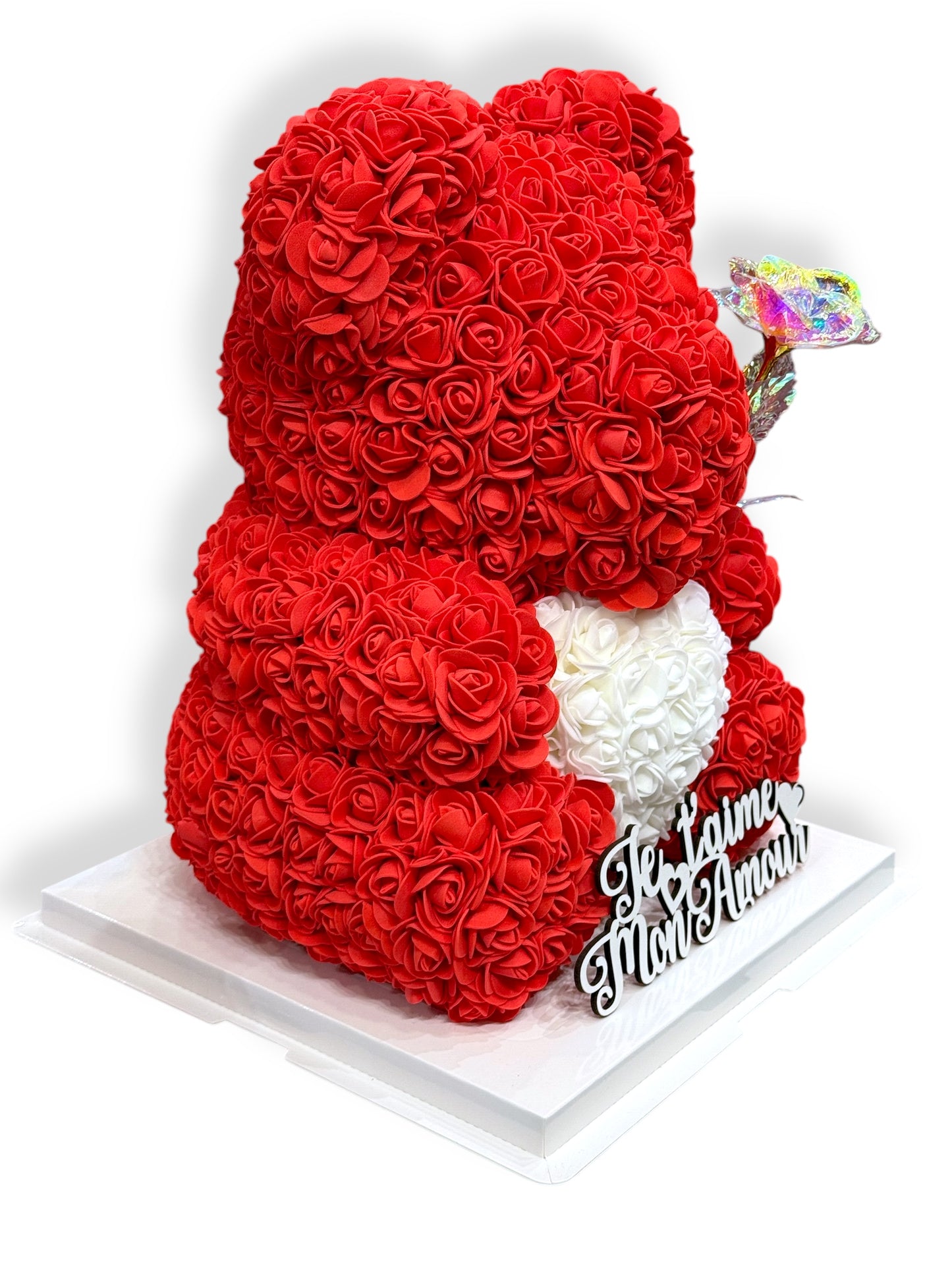 Ours en Roses avec Inscription «Je t’aime mon amour» + Rose Dorée à l’Or 24K – Cadeau Romantique Inoubliable