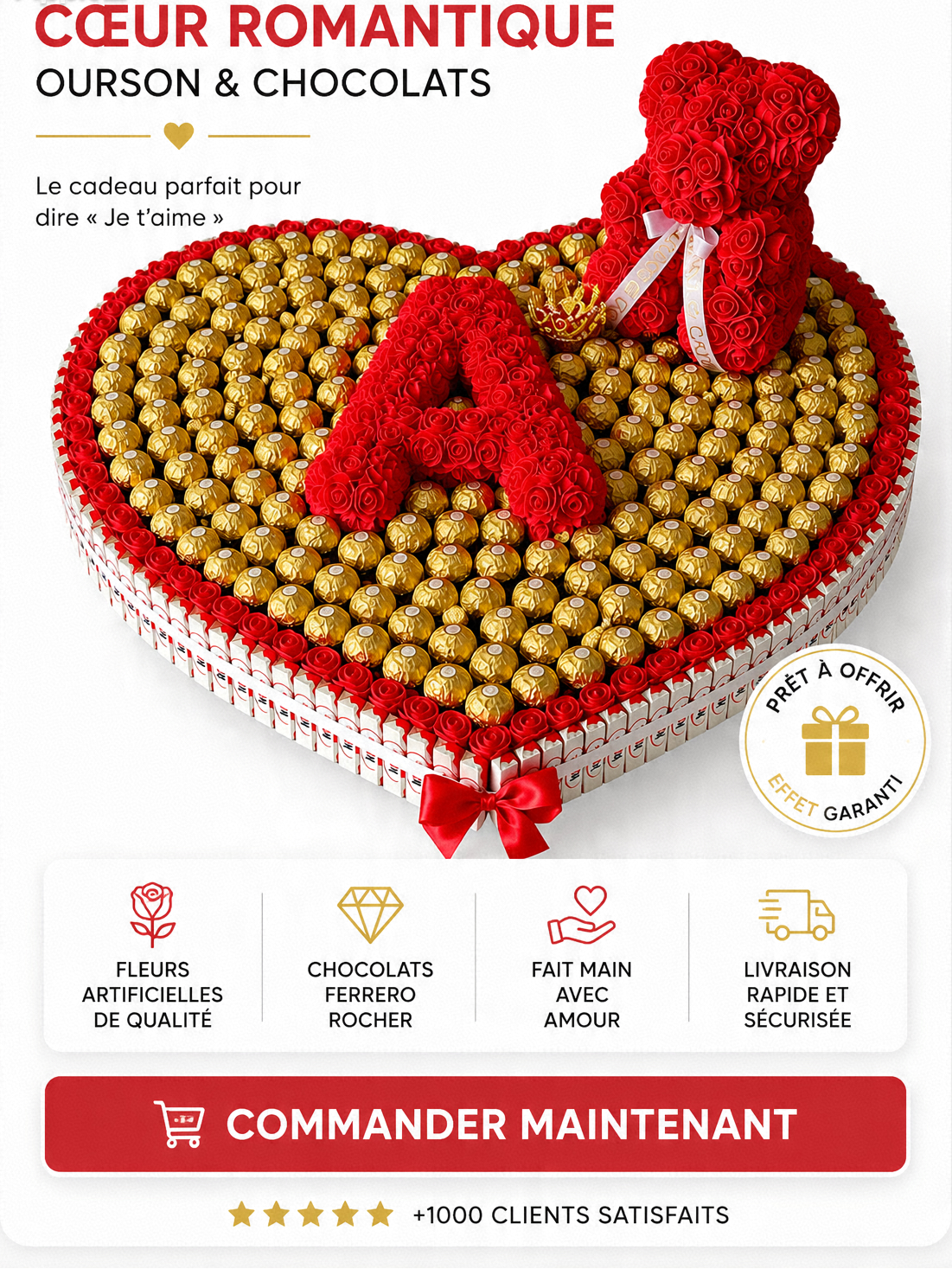 Cœur Ferrero Rocher 50×50cm – Ourson en Roses Initiale Personnalisée
