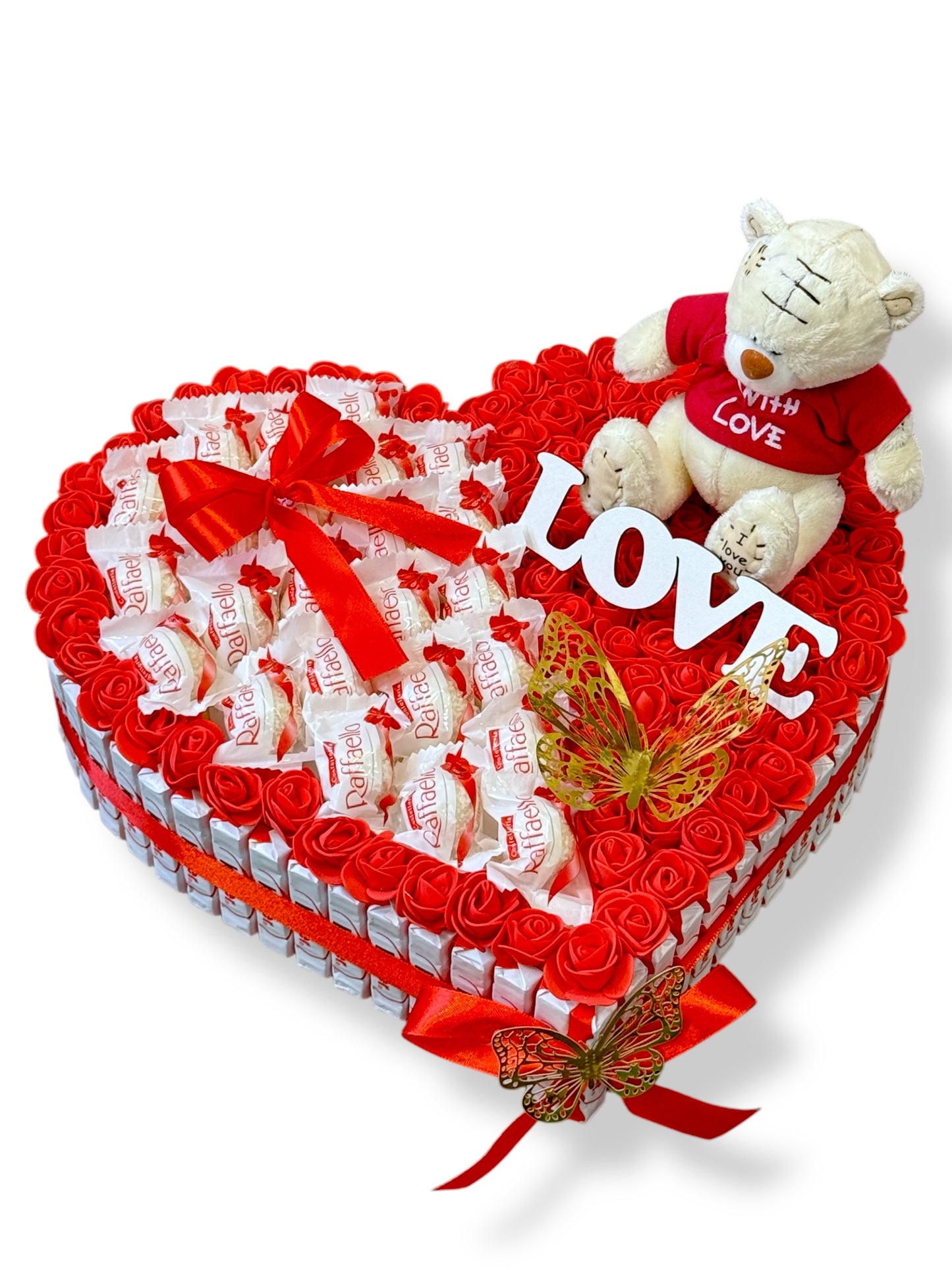 Coffret cœur Raffaello avec ourson, roses et papillon – Cadeau romantique personnalisé