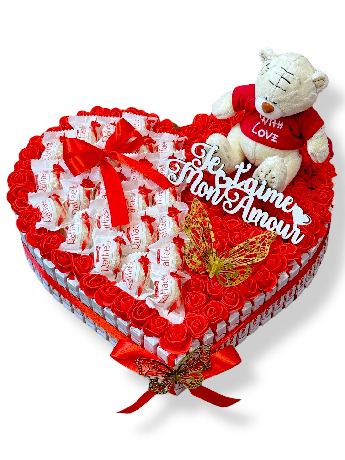 Coffret cœur Raffaello avec ourson, roses et papillon – Cadeau romantique personnalisé