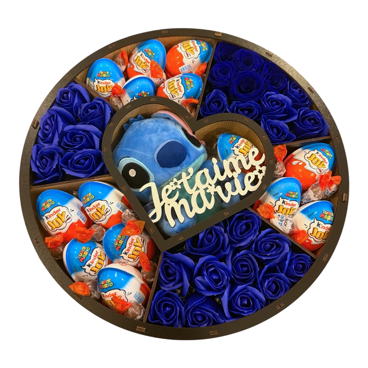 Coffret cadeau exclusif avec peluche Stitch, roses bleues et Kinder Joy