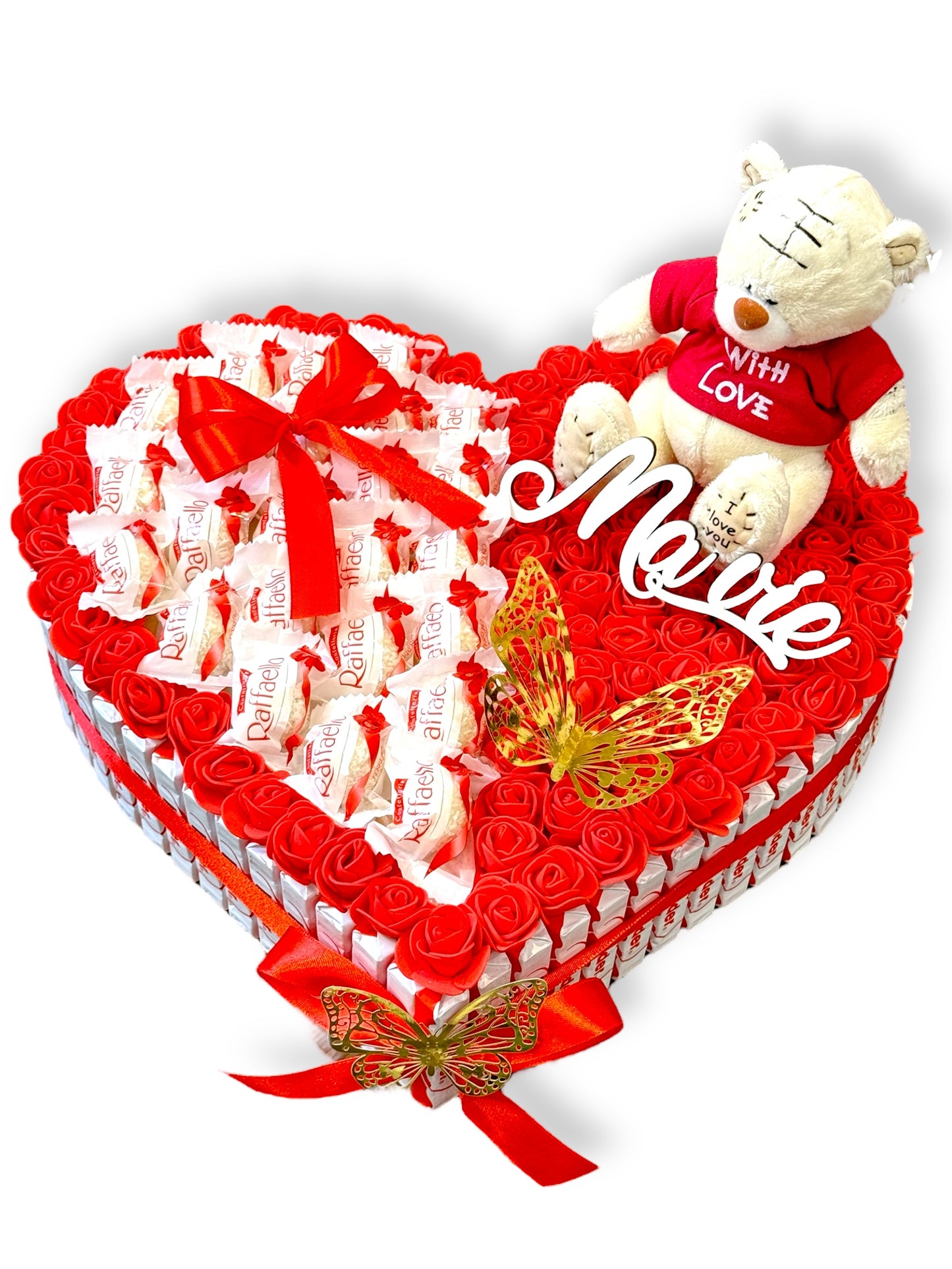 Coffret cœur Raffaello avec ourson, roses et papillon – Cadeau romantique personnalisé