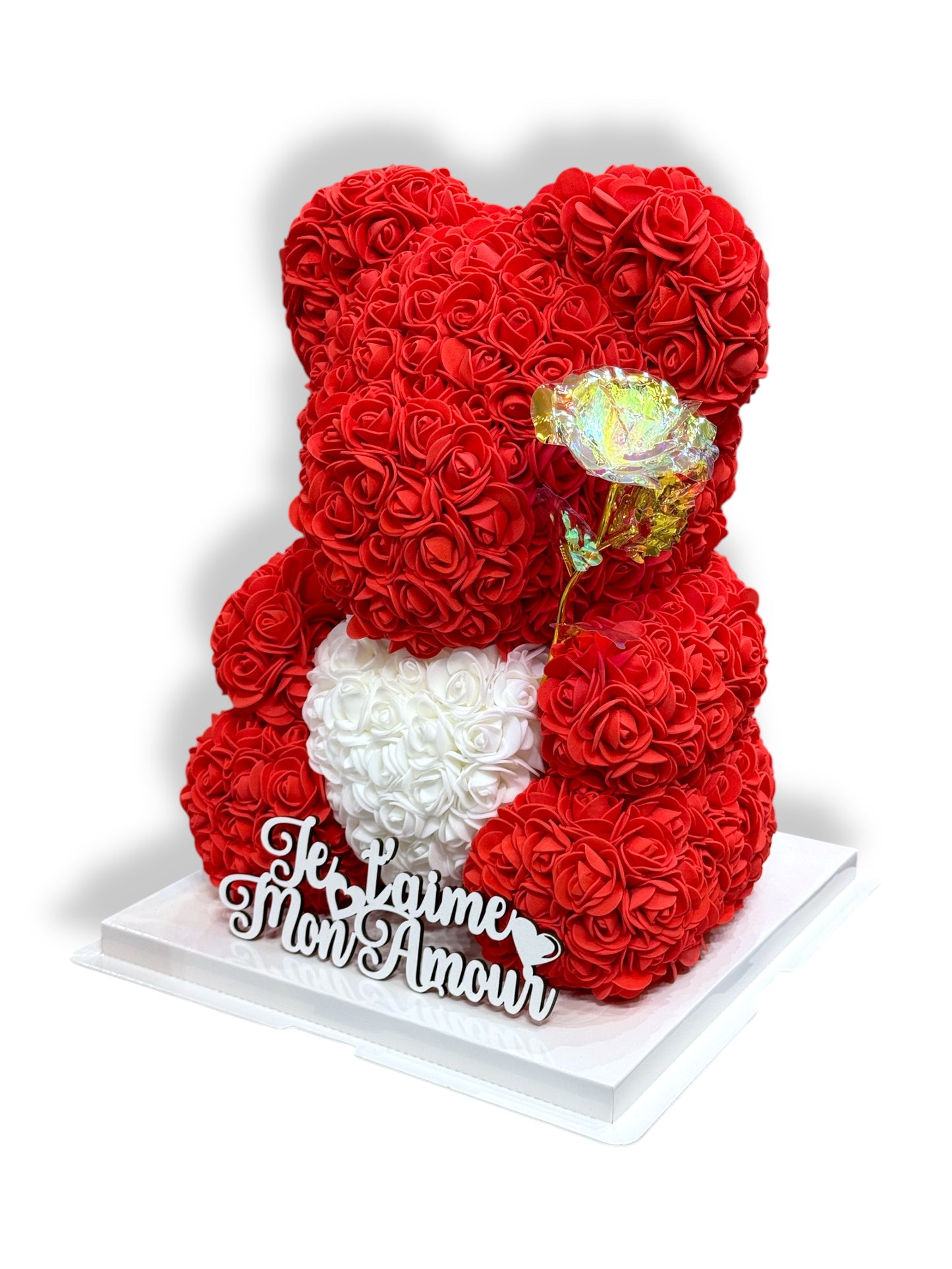 Ours en Roses avec Inscription «Je t’aime mon amour» + Rose Dorée à l’Or 24K – Cadeau Romantique Inoubliable