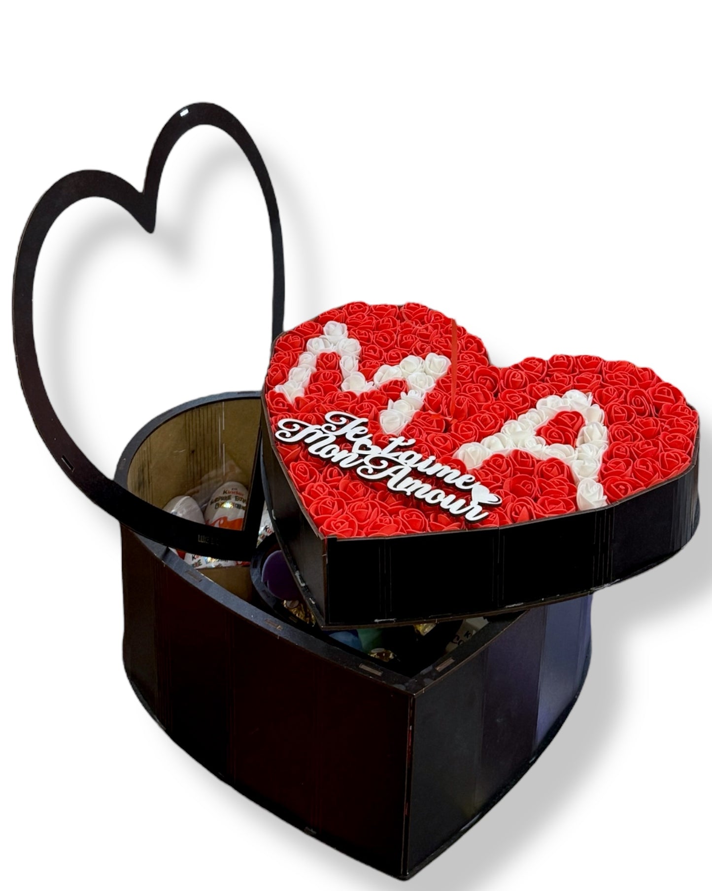 Coffret Cadeau Cœur à Deux Étages – Bois Fait Main, Roses Artificielles, Chocolats, Peluche & Personnalisation