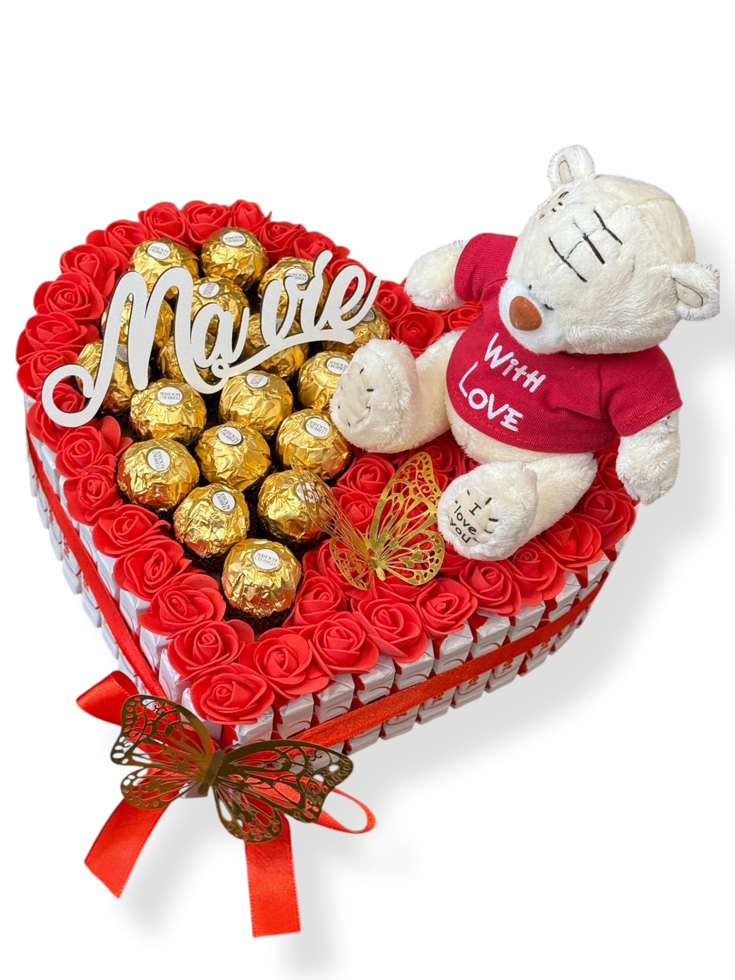 Cadeau original pour femme – Coffret cœur avec ourson, bonbons et fleurs