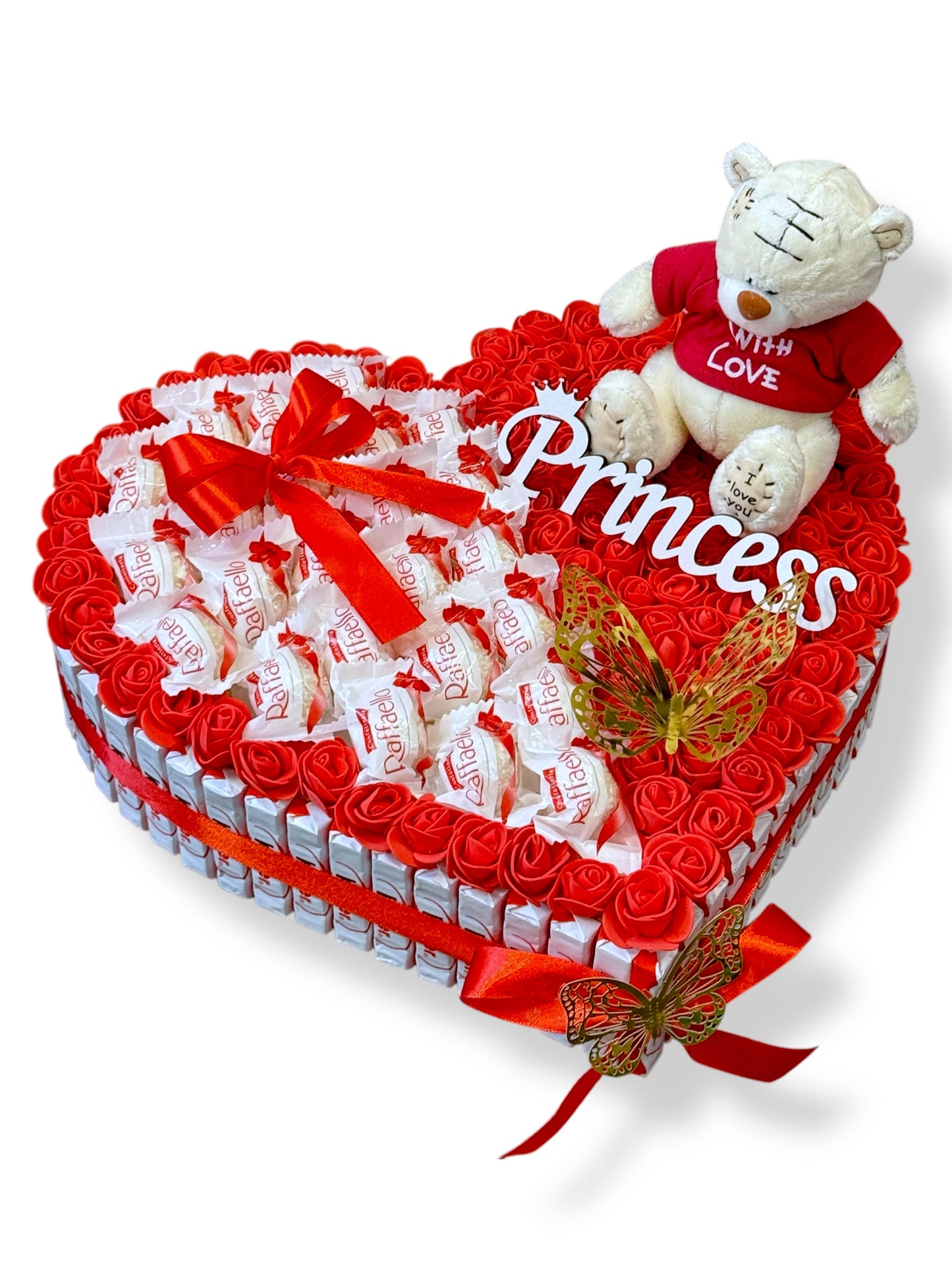 Coffret cœur Raffaello avec ourson, roses et papillon – Cadeau romantique personnalisé