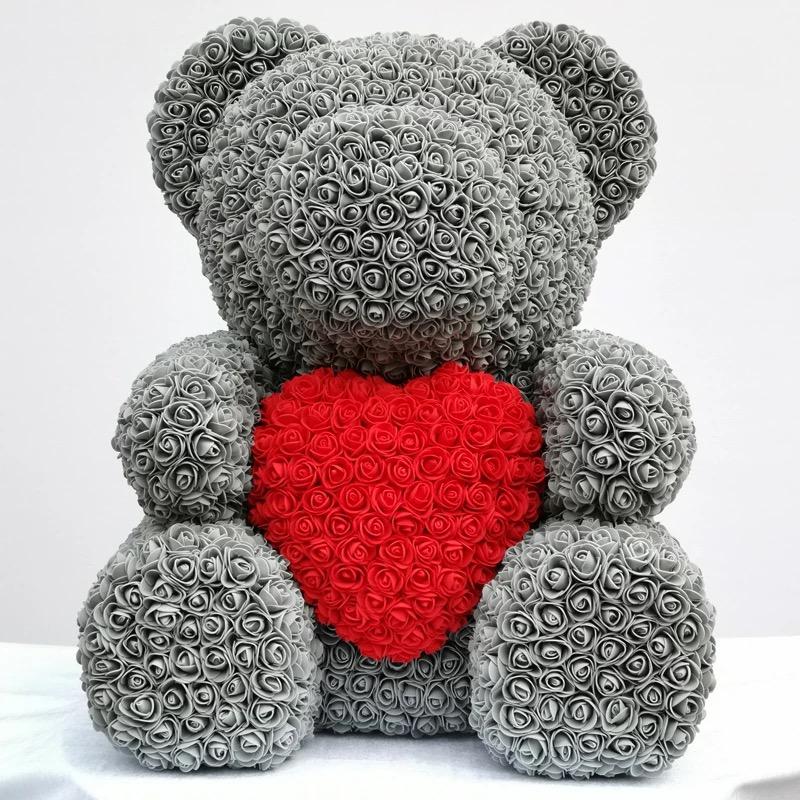 Ours en roses avec cœur 70 cm Gris