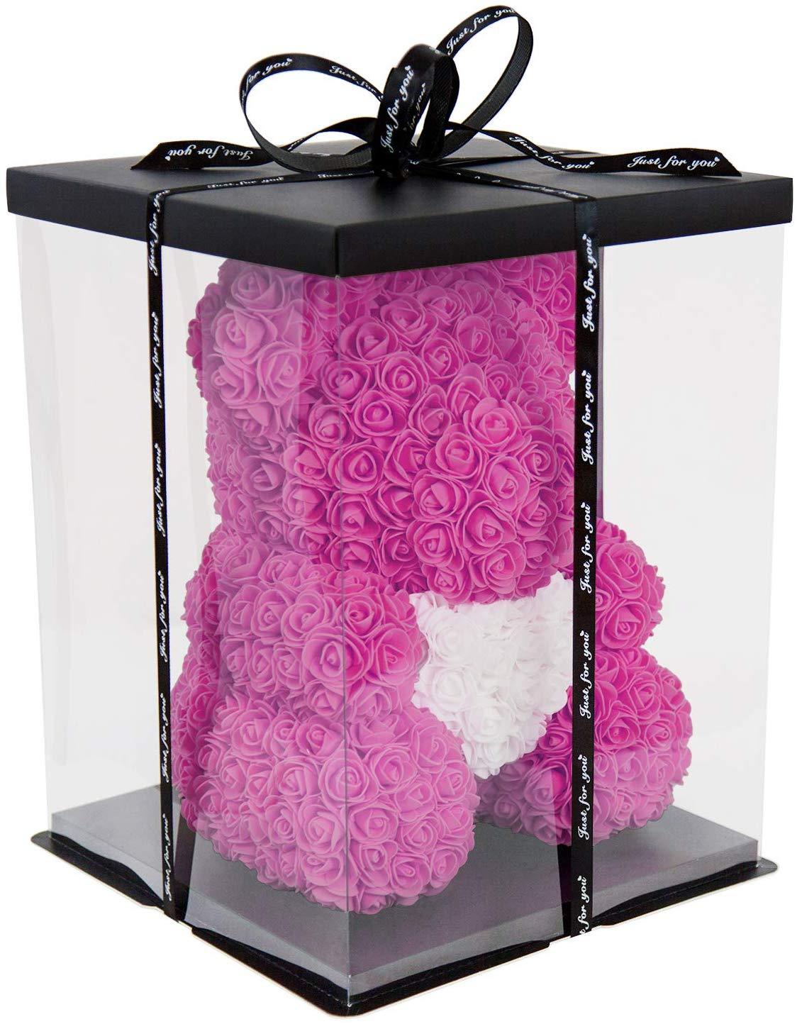 Ours en roses avec cœur 40 cm Fuchsia