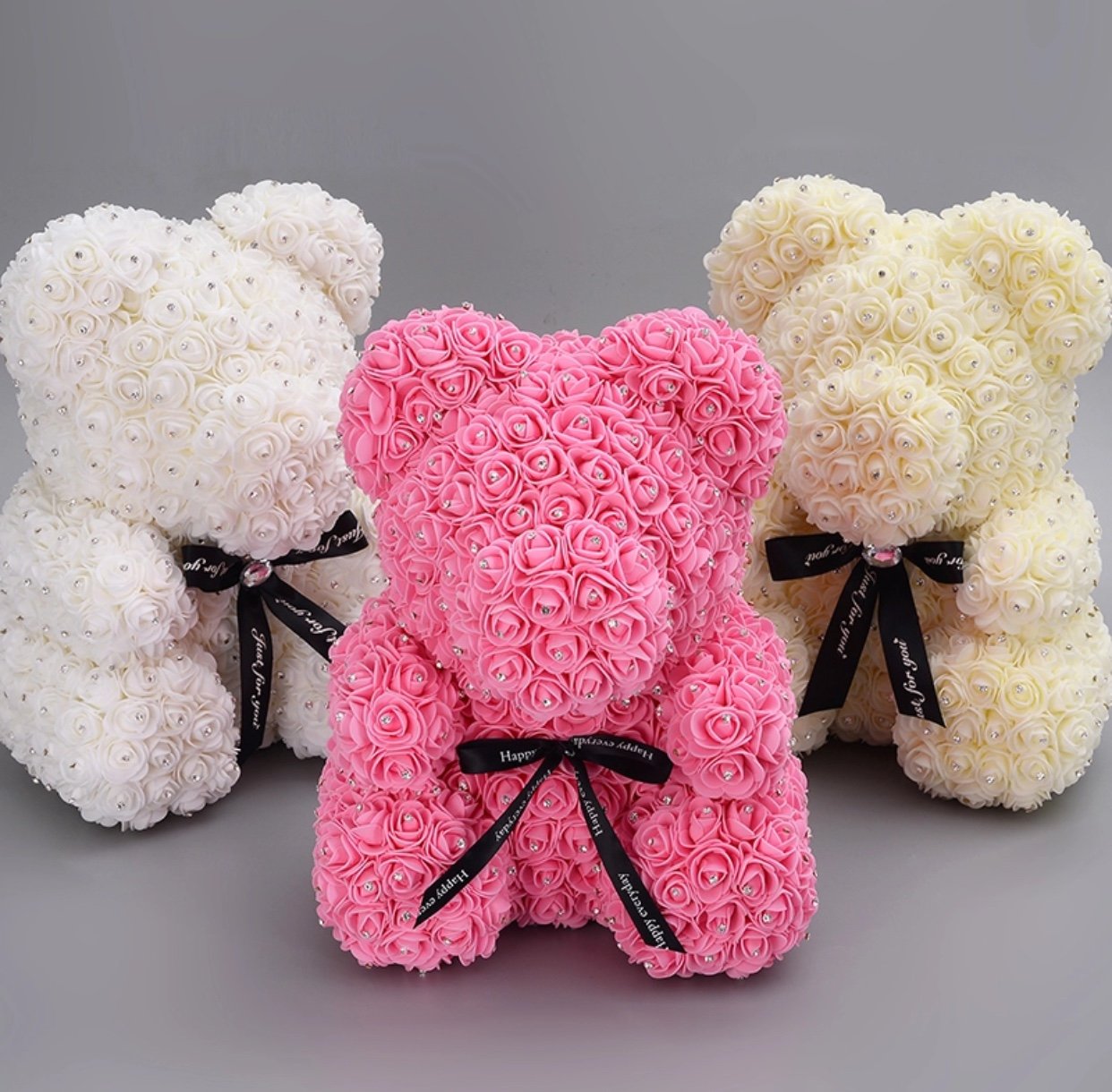Ours en roses avec strass 40 cm