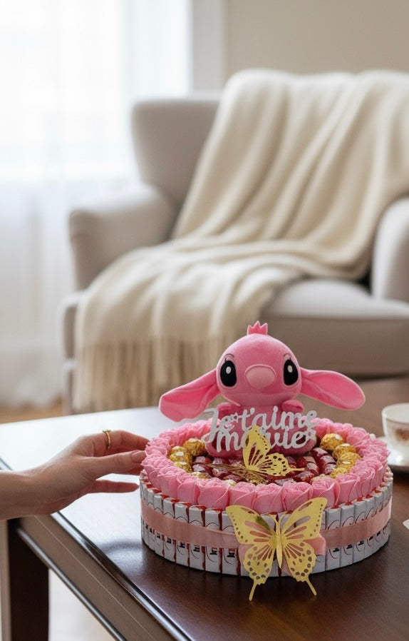 Coffret romantique avec peluche Angel (Stitch rose), fleurs de savon & chocolats