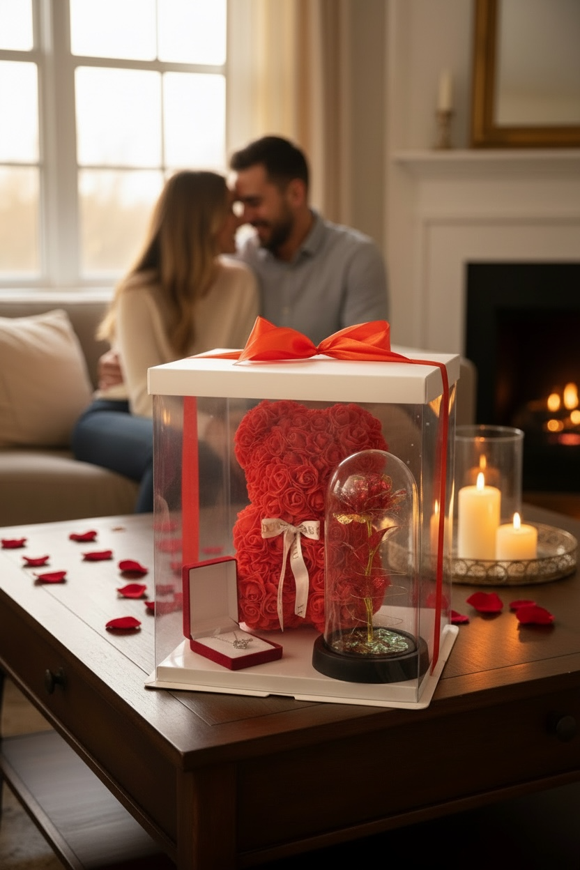 Box Cadeau Romantique – Ours en Roses & Rose Lumineuse