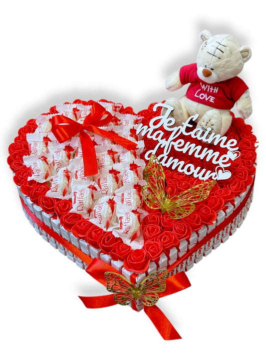 Coffret cœur Raffaello avec ourson, roses et papillon – Cadeau romantique personnalisé