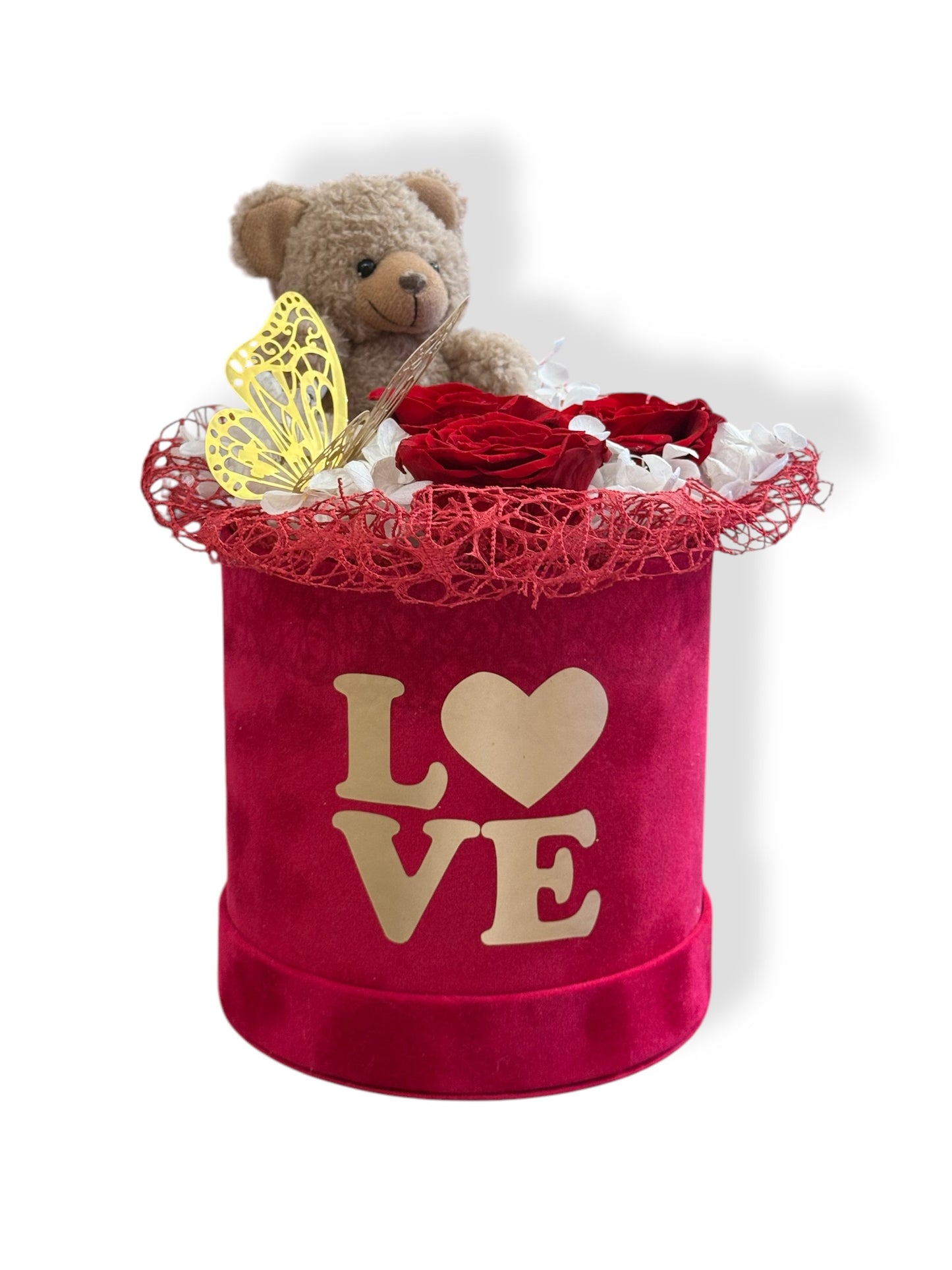 Rosa Éternelle avec Ours en Peluche – Cadeau Romantique en Boîte Élégante