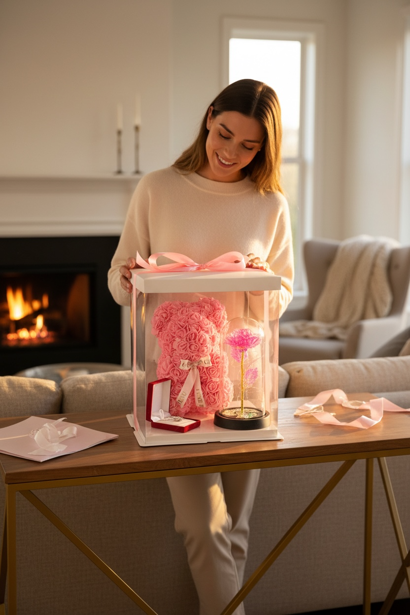 Box Cadeau Romantique – Ours en Roses & Rose Lumineuse
