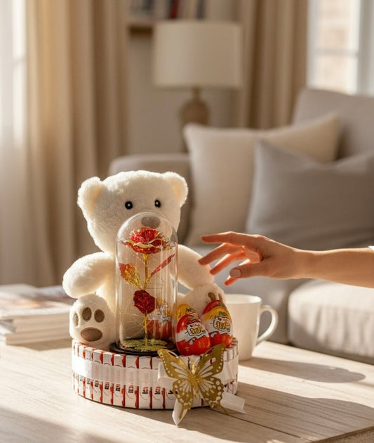 💝 Coffret Cadeau Romantique avec Ourson et Rose Éternelle