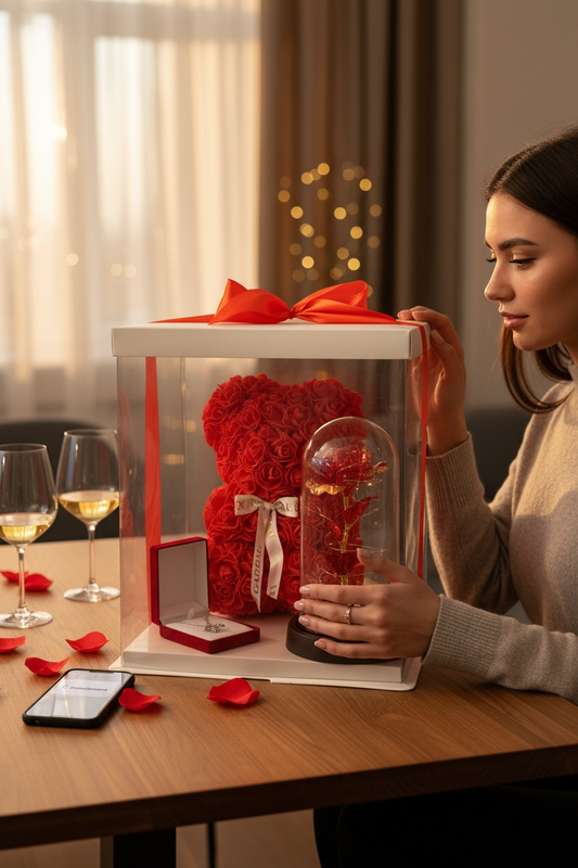 Box Cadeau Romantique – Ours en Roses & Rose Lumineuse