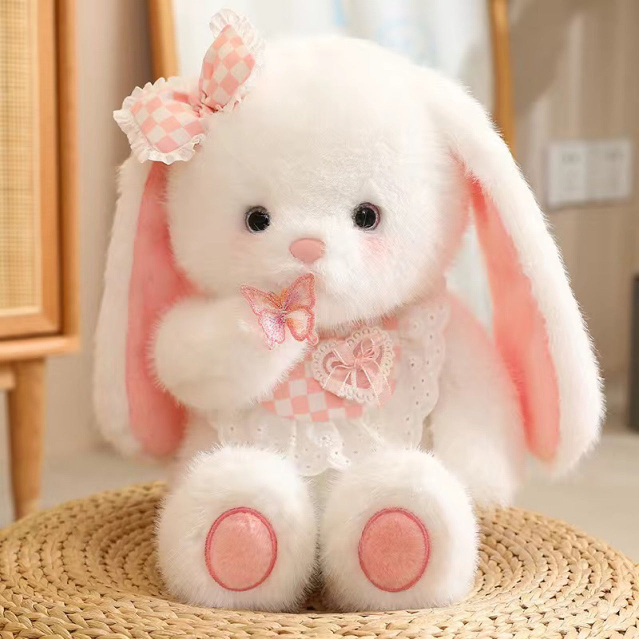 Lapin Blanc 40 cm – Fait Main avec Noeud Rose et Papillon | Doudou Élégant