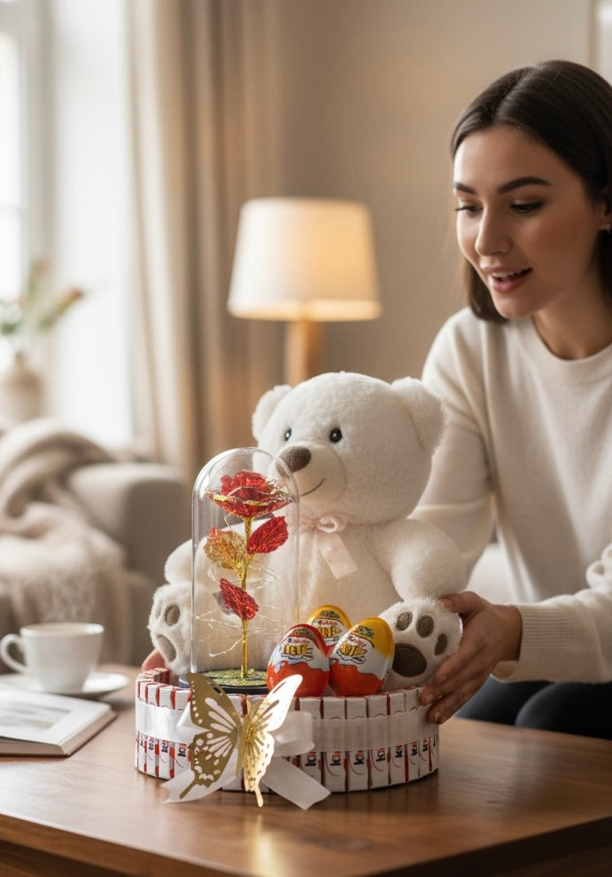 💝 Coffret Cadeau Romantique avec Ourson et Rose Éternelle