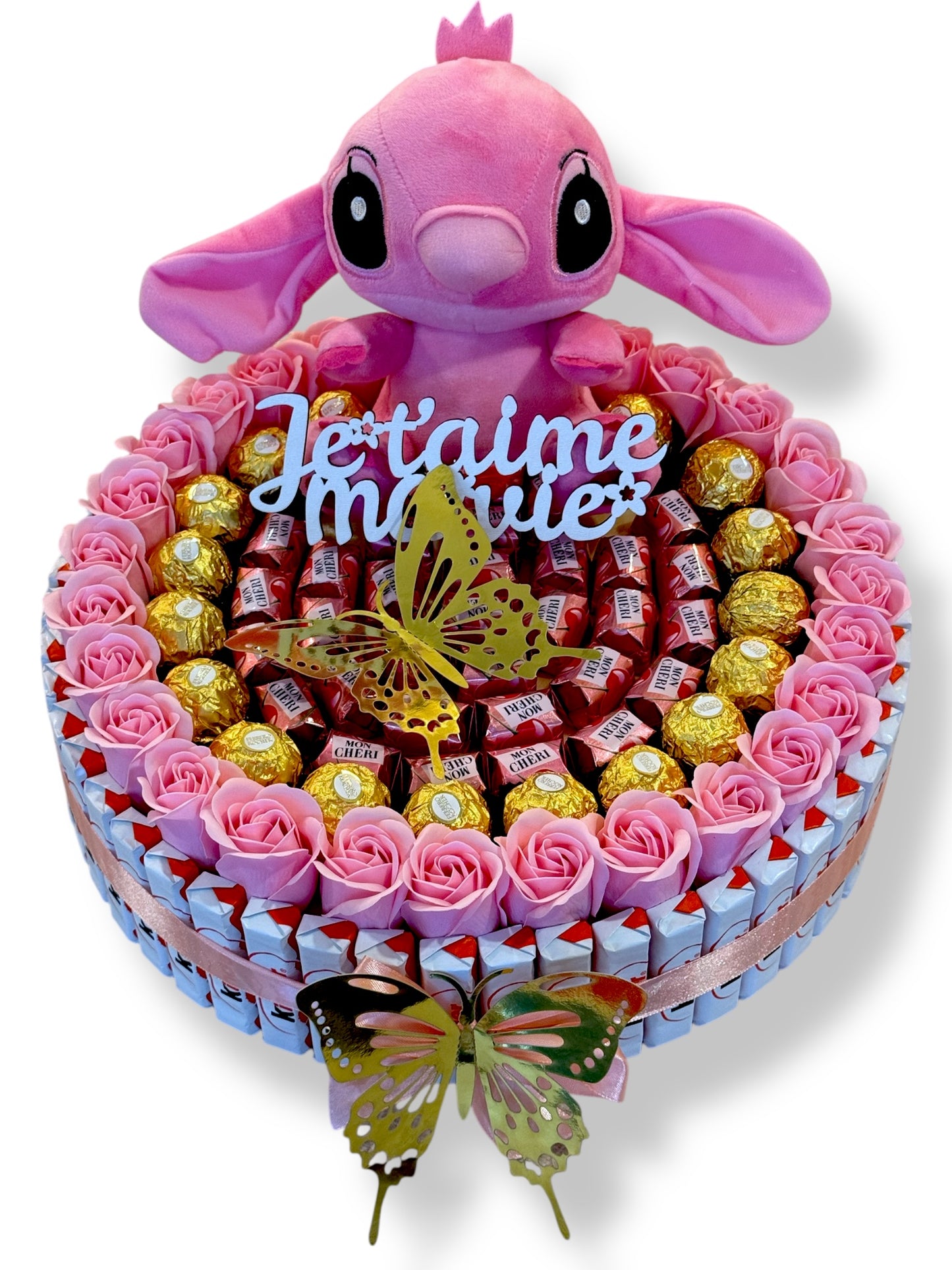 Coffret romantique avec peluche Angel (Stitch rose), fleurs de savon & chocolats