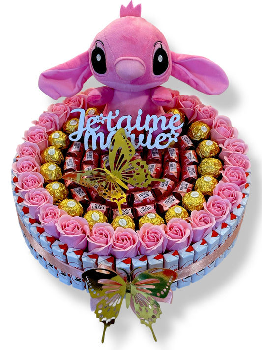 Coffret romantique avec peluche Angel (Stitch rose), fleurs de savon & chocolats