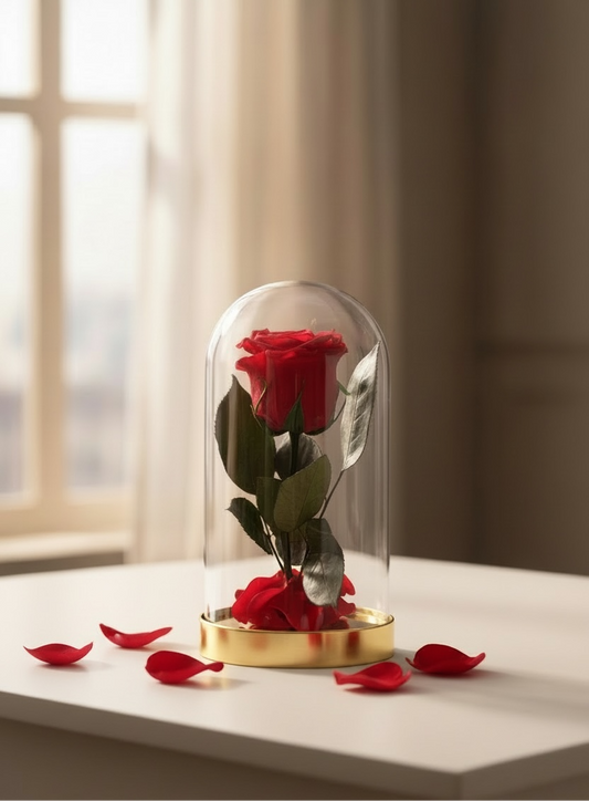 Rose éternelle rouge sous cloche en verre