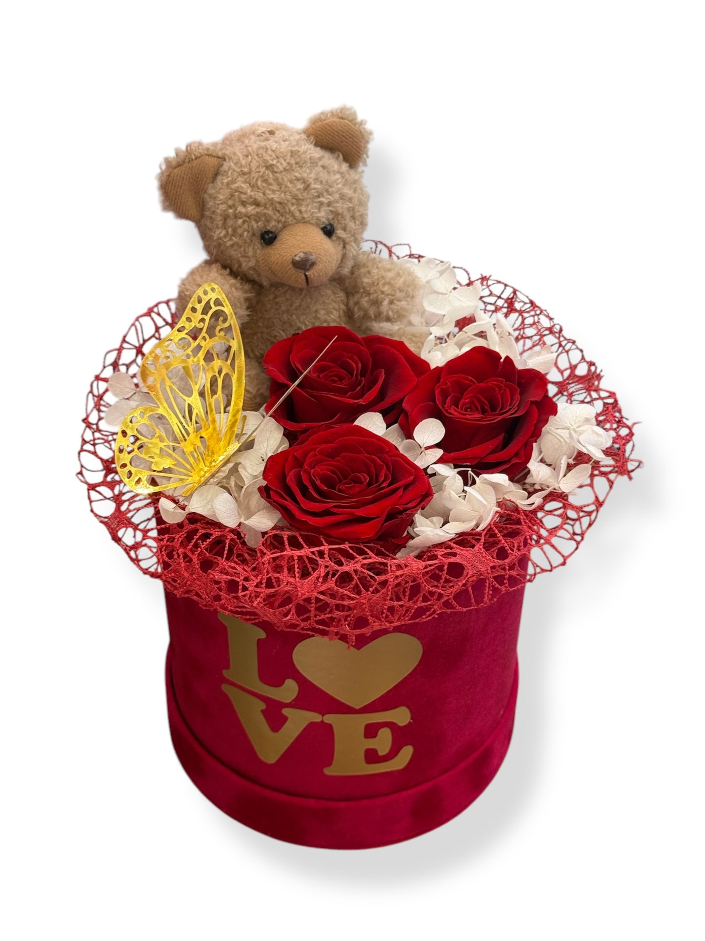 Rosa Éternelle avec Ours en Peluche – Cadeau Romantique en Boîte Élégante