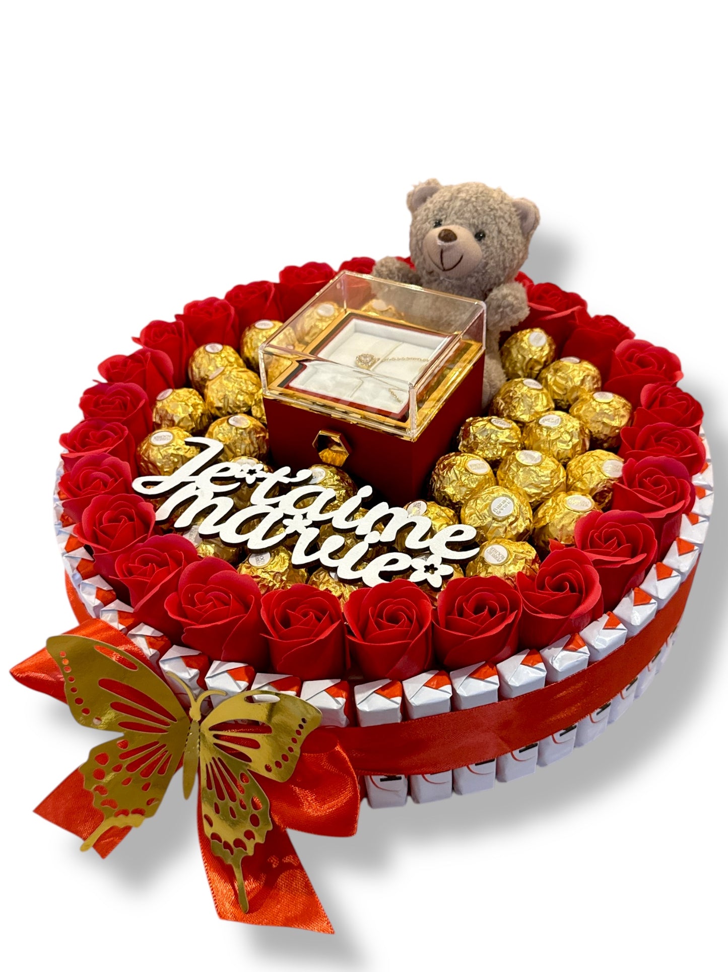 Bouquet Cadeau «Je t’aime Ma Vie » – Luxe, Bijou, Ourson & Chocolats