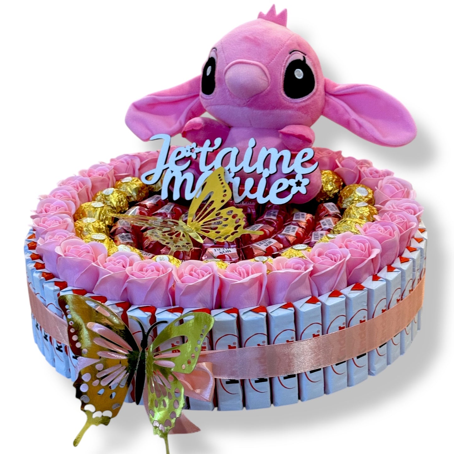 Coffret romantique avec peluche Angel (Stitch rose), fleurs de savon & chocolats