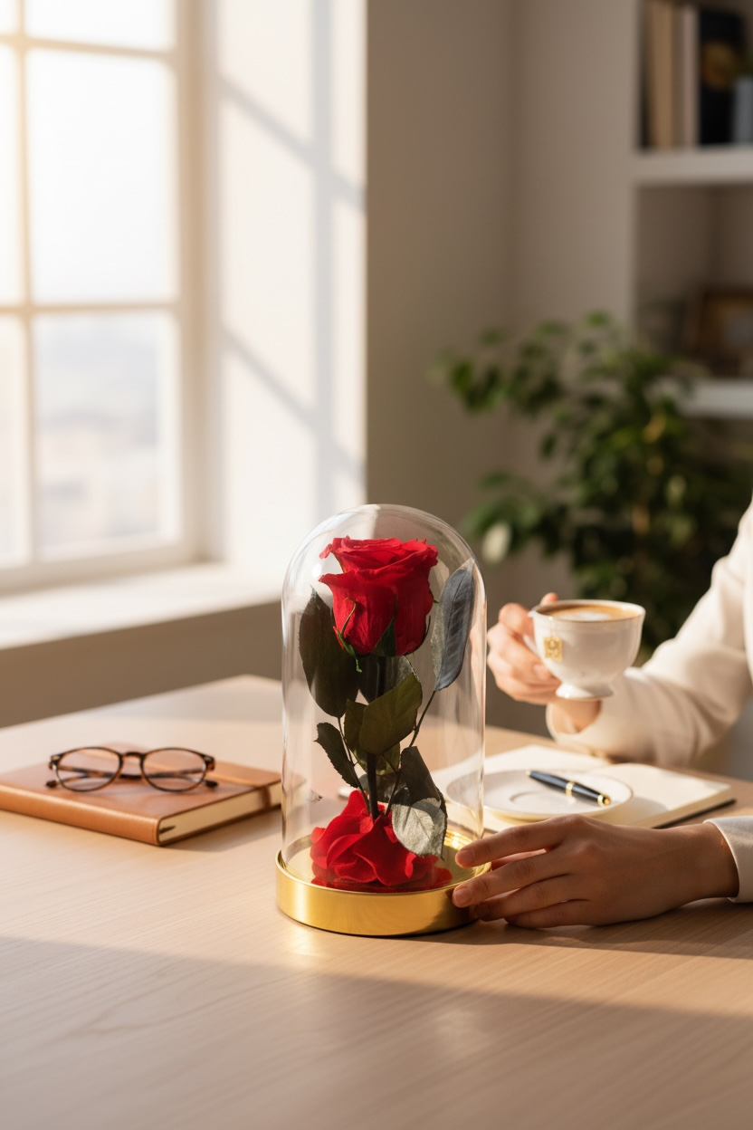 Rose éternelle rouge sous cloche en verre