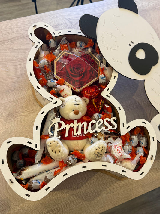 Coffret Cadeau Luxueux “Princess” — Rose éternelle, peluche, chocolats & boîte en bois artisanale