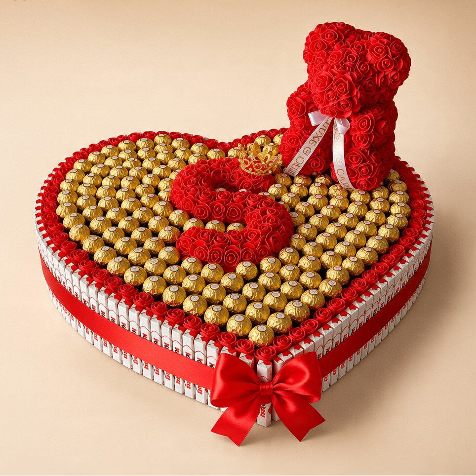Cœur Ferrero Rocher 50×50cm – Ourson en Roses Initiale Personnalisée