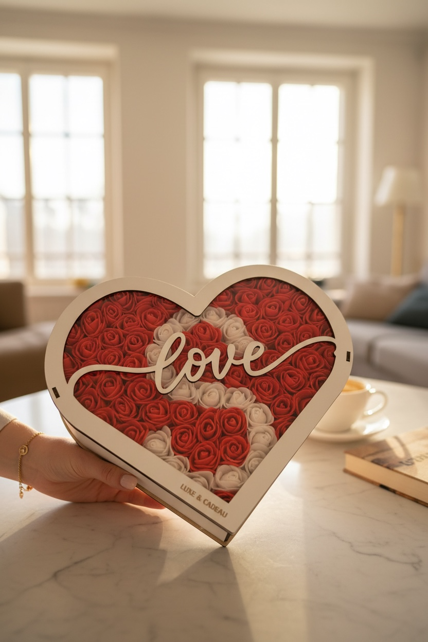 Coffret Cœur Personnalisable – Roses Rouges & Blanches