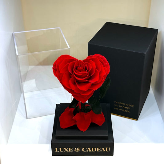 Rose Rouge en Forme de Cœur dans Boîte Cadeau Luxe avec Couvercle Acrylique – Cadeau Éternel de Luxe