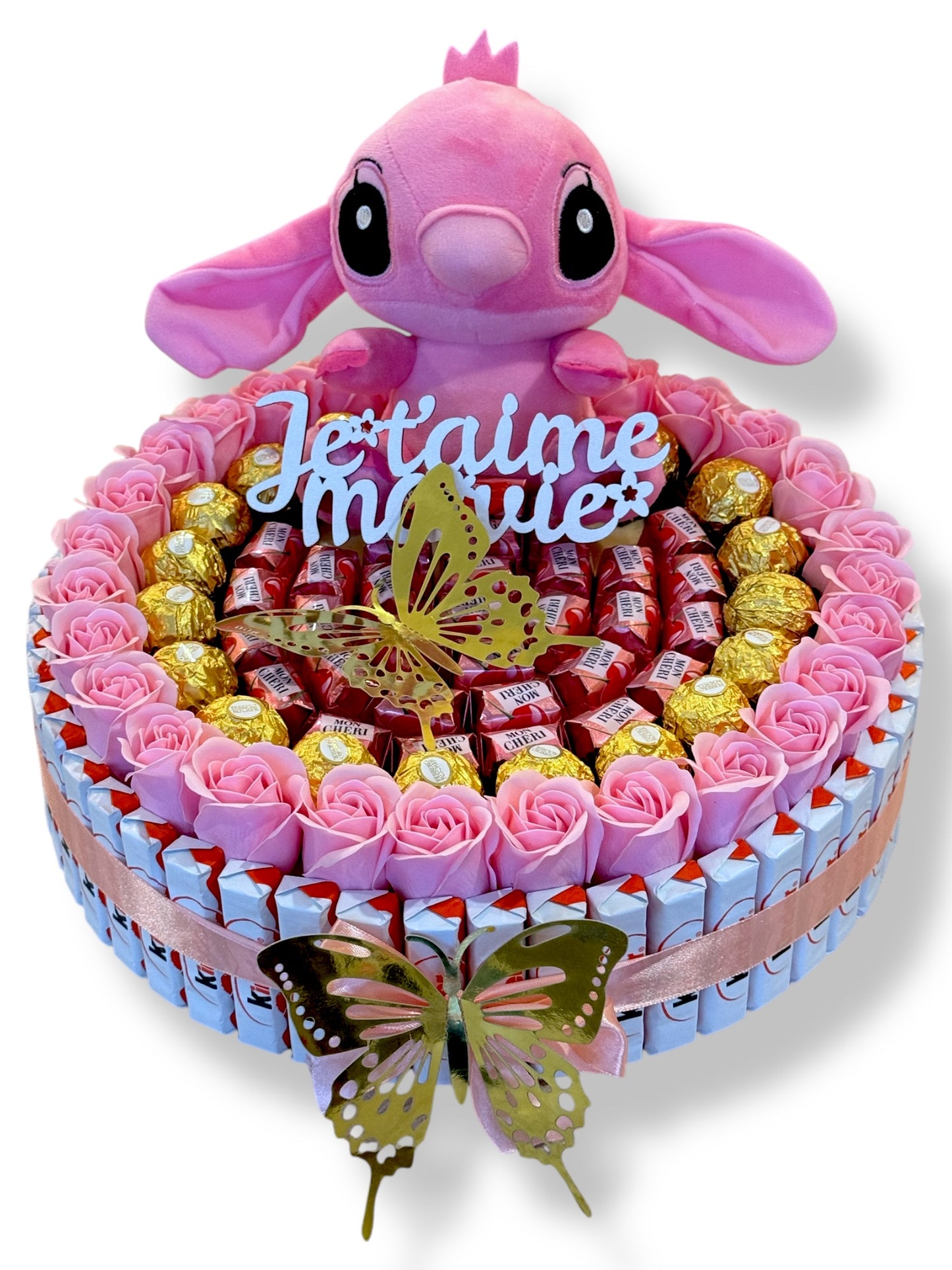 Coffret romantique avec peluche Angel (Stitch rose), fleurs de savon & chocolats