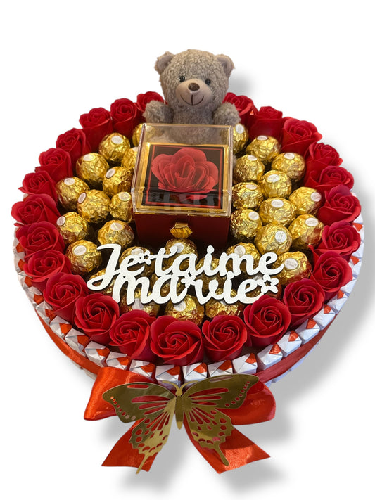 Bouquet Cadeau «Je t’aime Ma Vie » – Luxe, Bijou, Ourson & Chocolats
