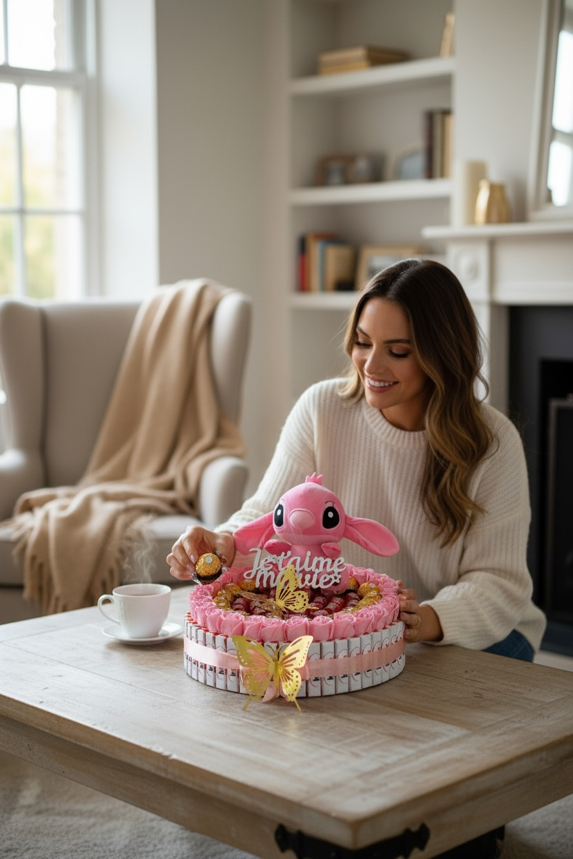 Coffret romantique avec peluche Angel (Stitch rose), fleurs de savon & chocolats