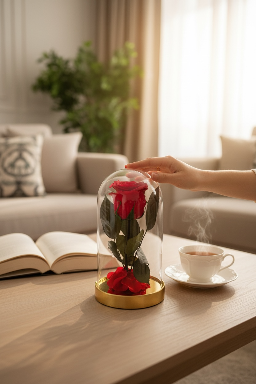 Rose éternelle rouge sous cloche en verre