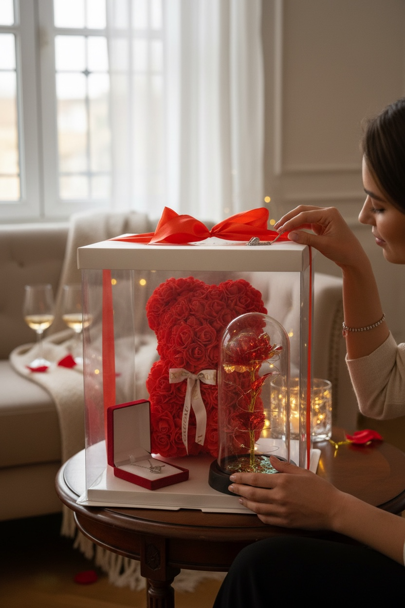 Box Cadeau Romantique – Ours en Roses & Rose Lumineuse