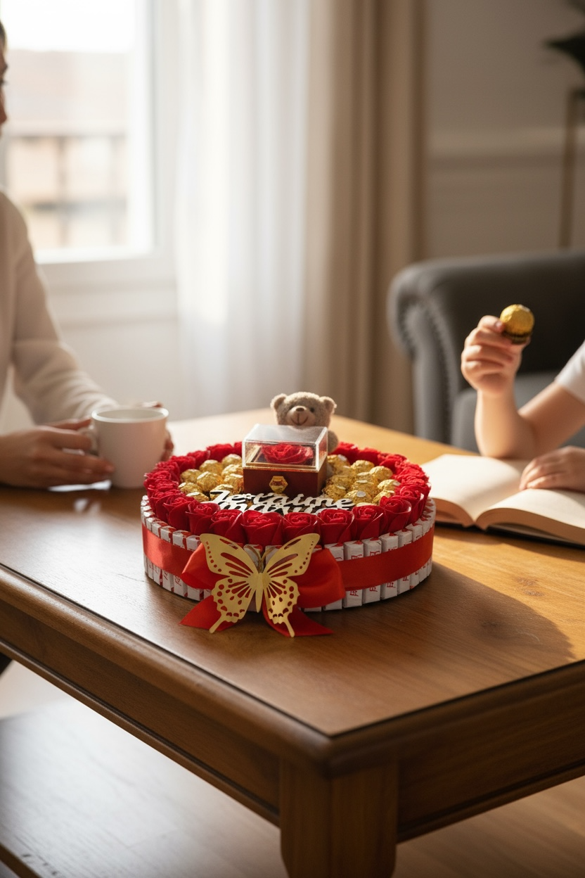 Bouquet Cadeau «Je t’aime Ma Vie » – Luxe, Bijou, Ourson & Chocolats