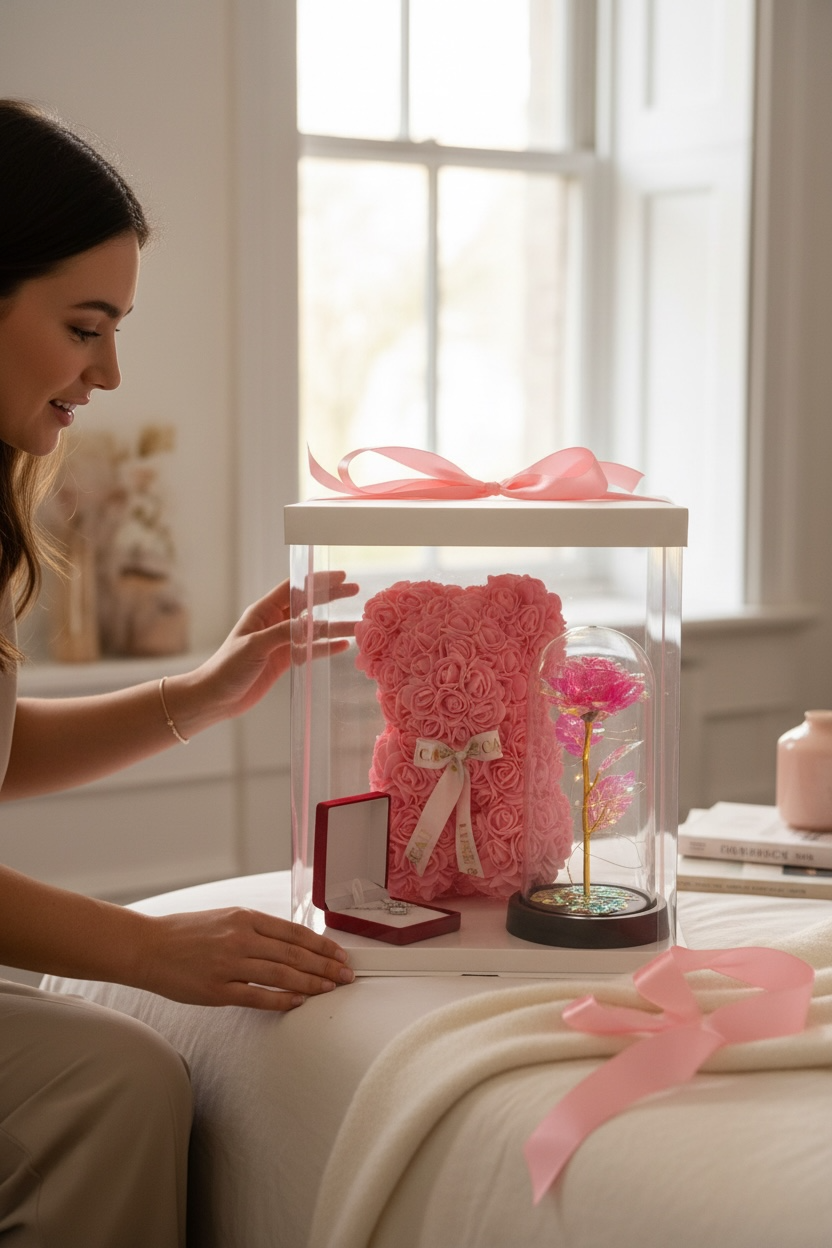 Box Cadeau Romantique – Ours en Roses & Rose Lumineuse