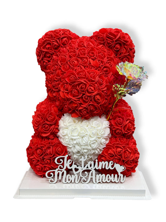 Ours en Roses avec Inscription «Je t’aime mon amour» + Rose Dorée à l’Or 24K – Cadeau Romantique Inoubliable